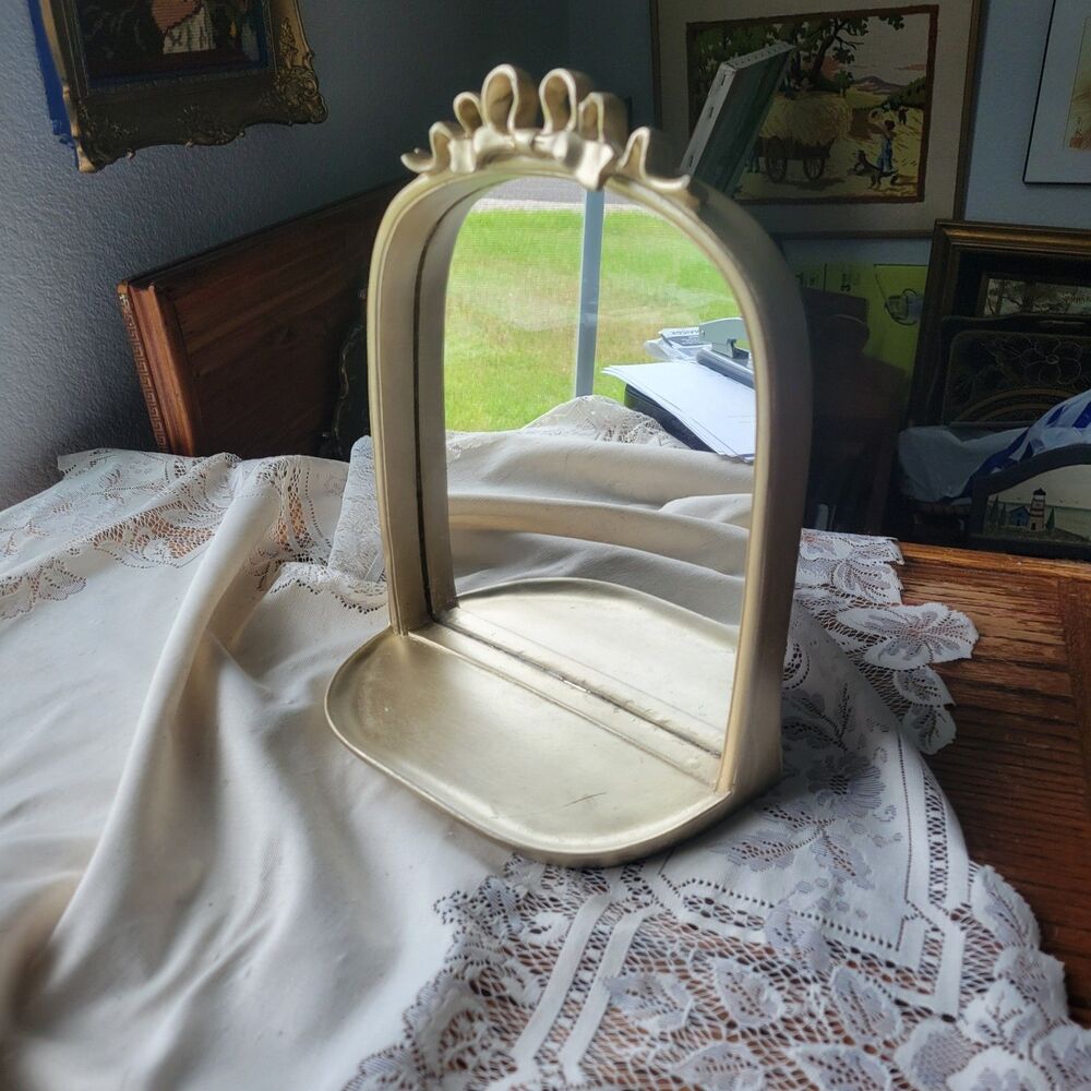 Gorgeous Vtg Mirror Shelf w/ Bow Platinum Color 11.5"  x 9" x 4" Romantic Coquet